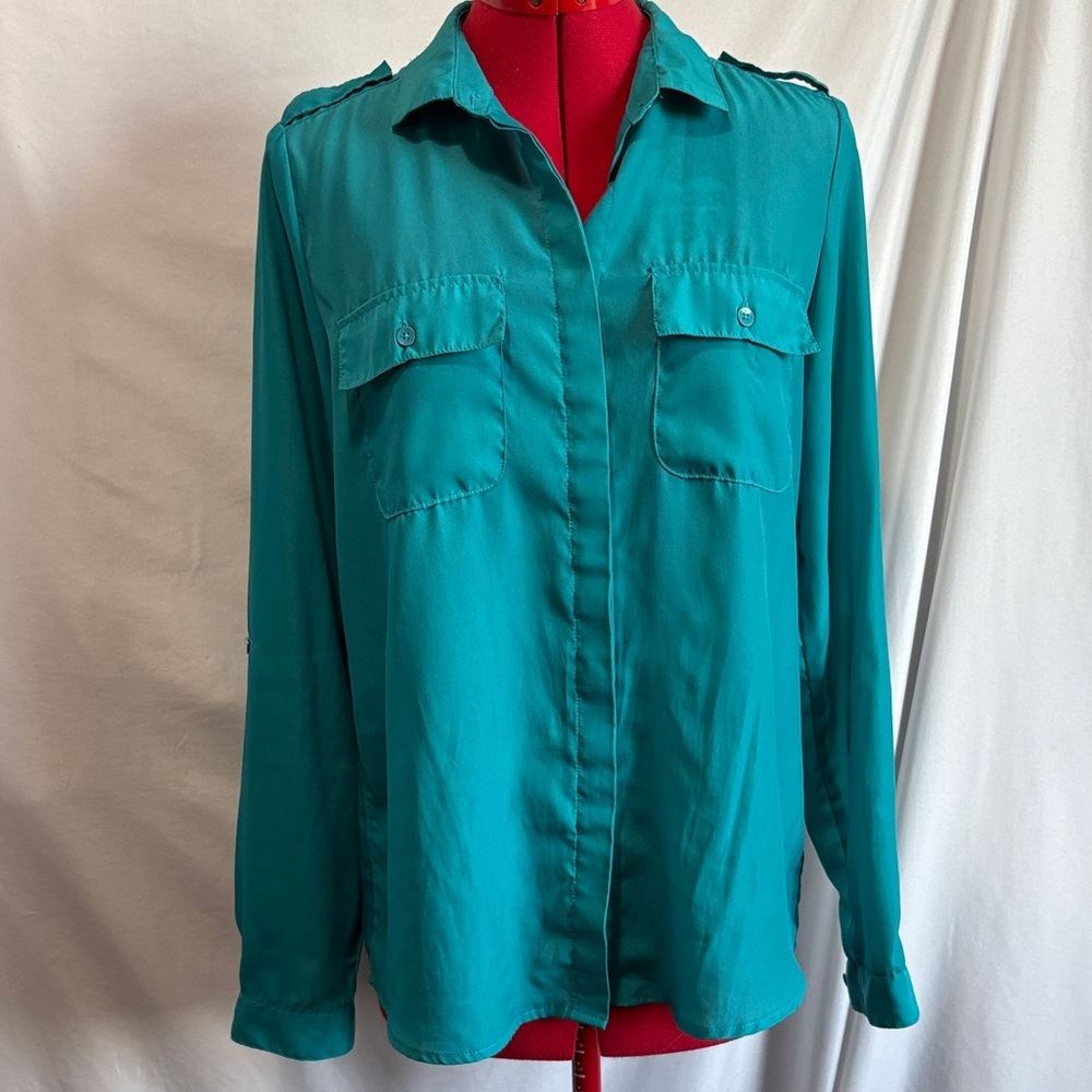 Alfred Sung Teal Button Down Shirt Women's